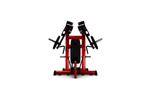 Front view of a gym80 plate loaded strength machine engineered for superior stability, full range motion, and advanced muscle control.